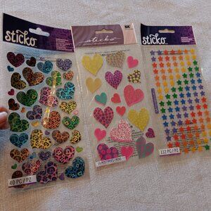Lot 3 Sticker Sheets Mixed hearts stars glitter foil colorful rainbow stickers